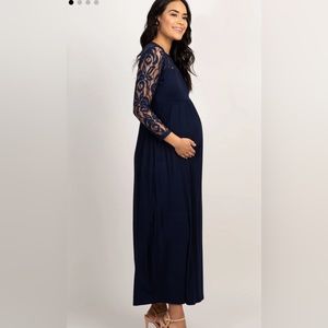 Pinkblush Navy Blue Lace Sleeve Maternity Maxi Dress Size M